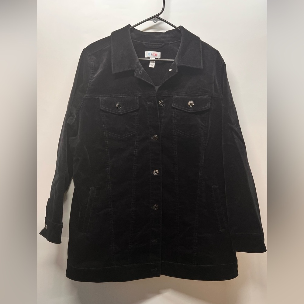 iD&Co Black Velour Women's Trucker Style Button Up Overcoat Jacket